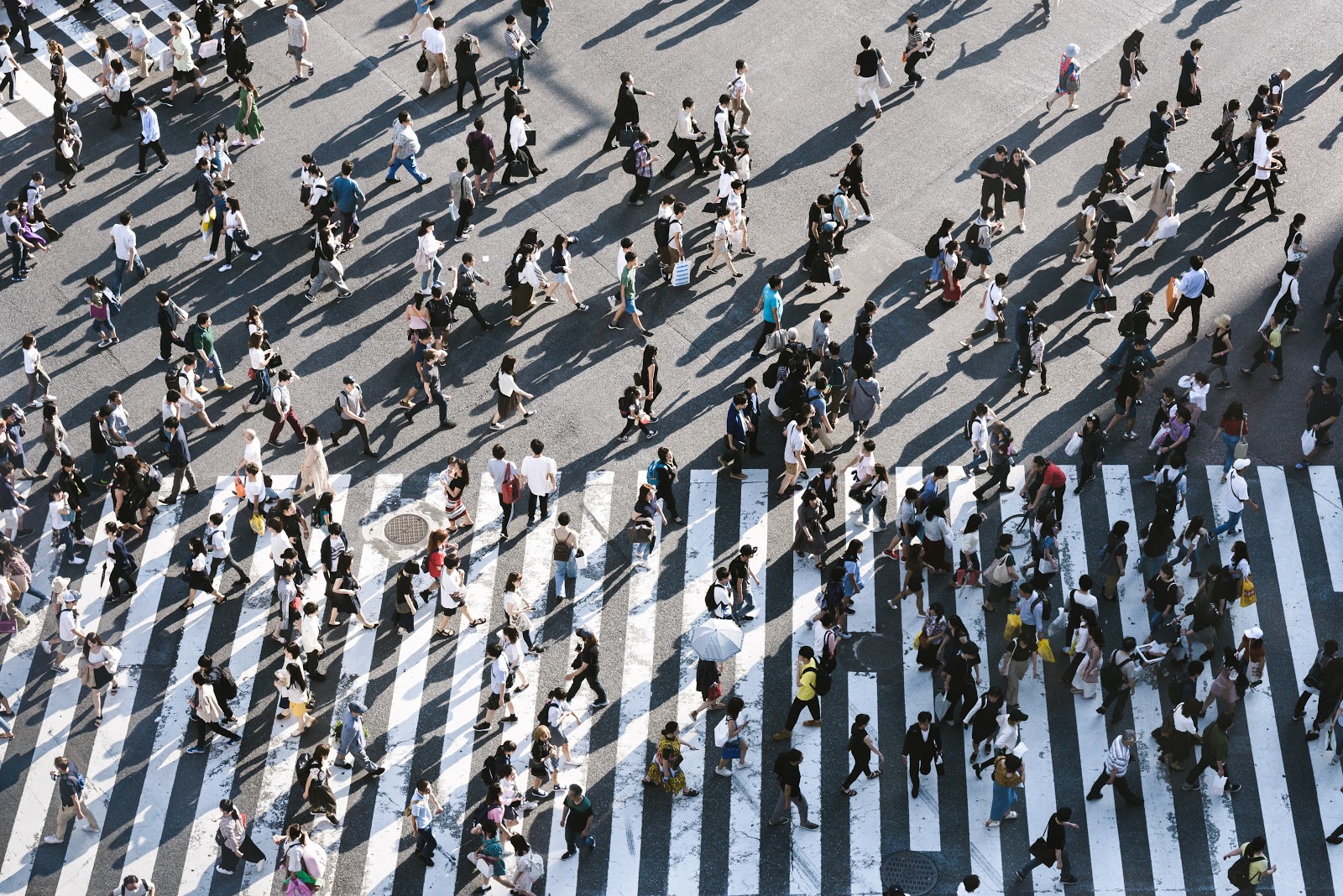 Crowds of people walking over a busy zebra crossing crosswalk