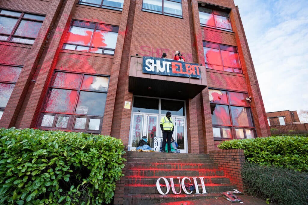 Activists with Palestine Action and Extinction Rebellion North occupy an Israeli arms factory in Oldham, UK (Photo: Palestine Action)