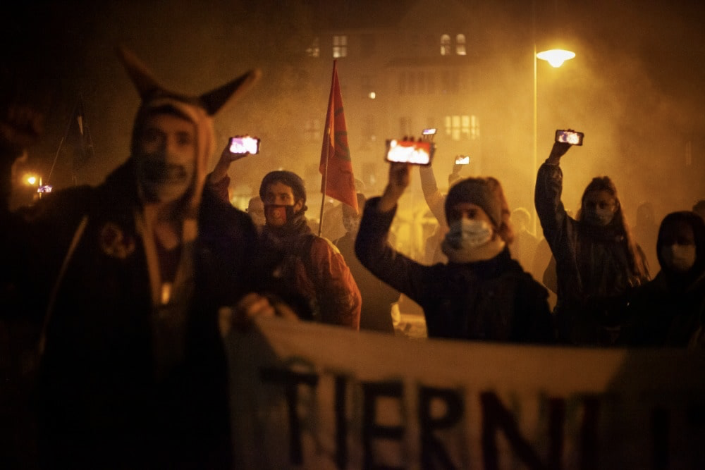 Rebels bring the wildfires to Berlin by showing fire on their phones.